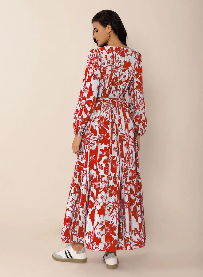 Take Two Women's Floral Printed V Neck Long Sleeve Maxi Dress